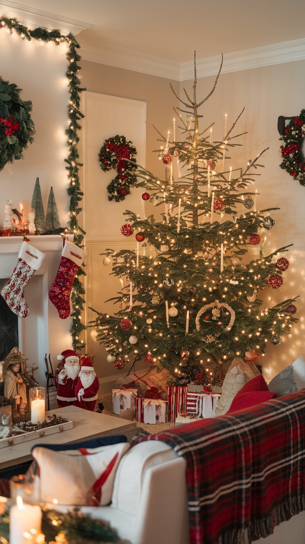 A cozy Christmas living room with a beautifully decorated tree, stockings, and festive decorations.