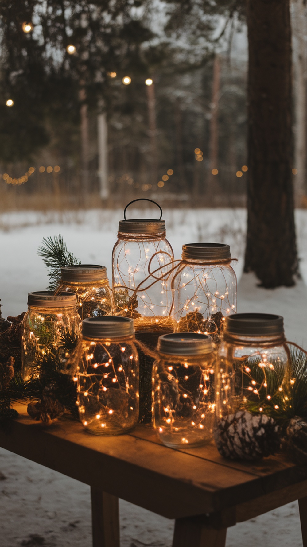 Mason jars filled with fairy lights surrounded by pine branches and pinecones, creating a cozy holiday atmosphere.