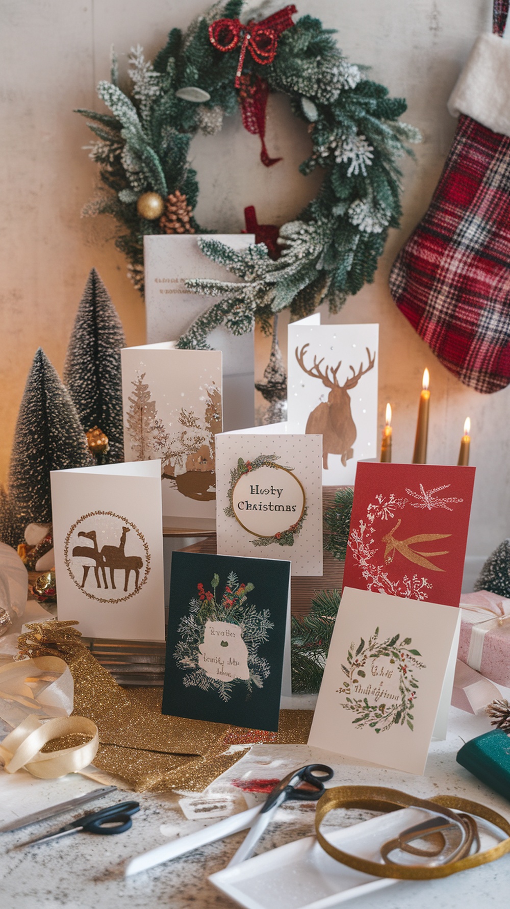 A collection of handmade Christmas cards displayed with festive decorations.