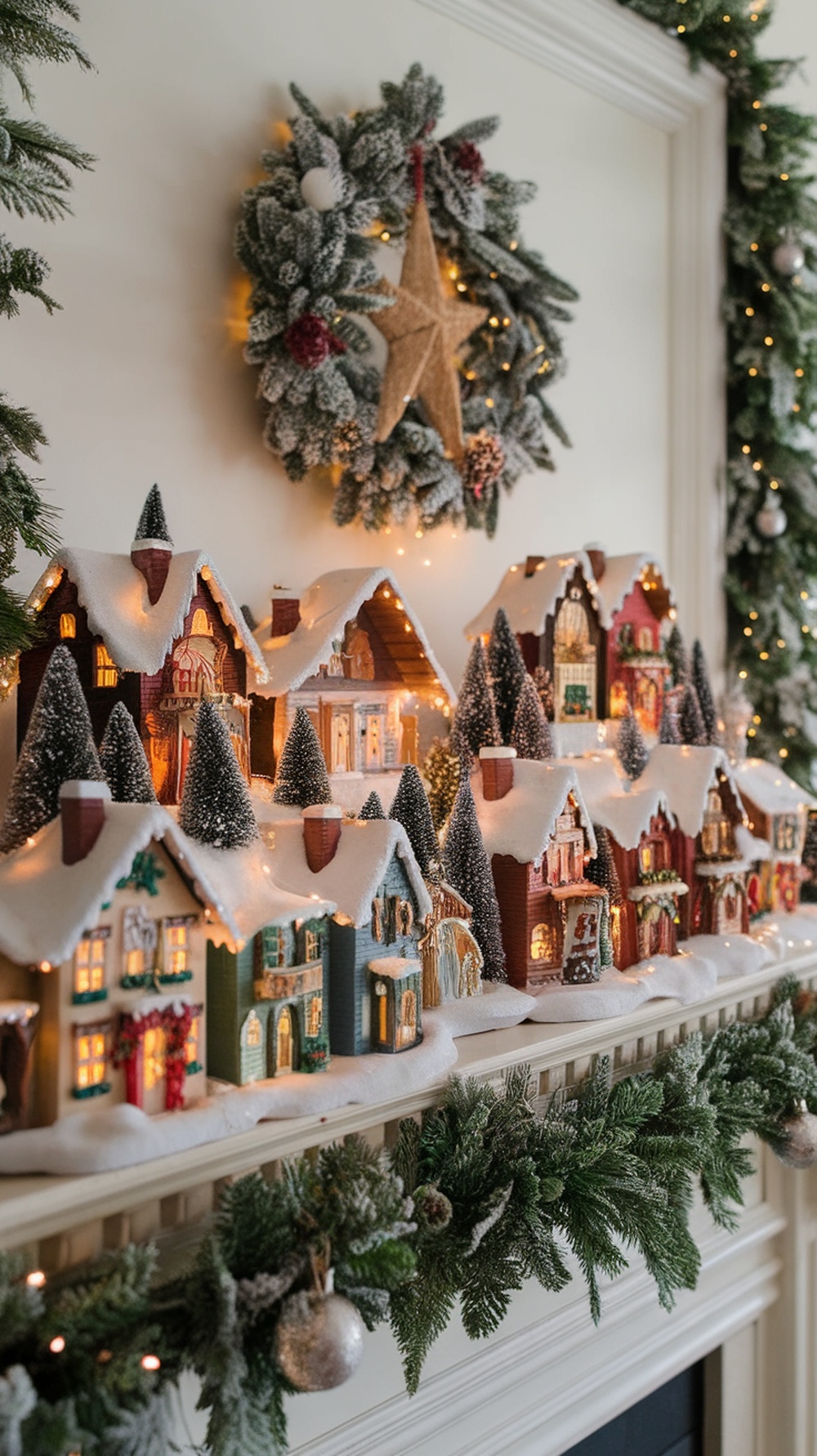 A beautifully arranged Christmas village display featuring miniature houses with snow and lights, surrounded by greenery and a festive wreath.