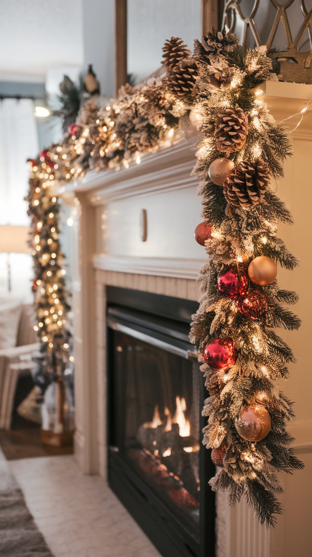 A beautifully decorated garland with pinecones and ornaments draped over a fireplace mantel, illuminated by soft lights.