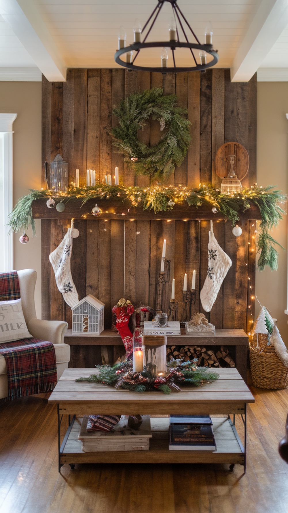A rustic farmhouse living room decorated for Christmas with a wooden mantel, greenery, stockings, and a cozy chair.