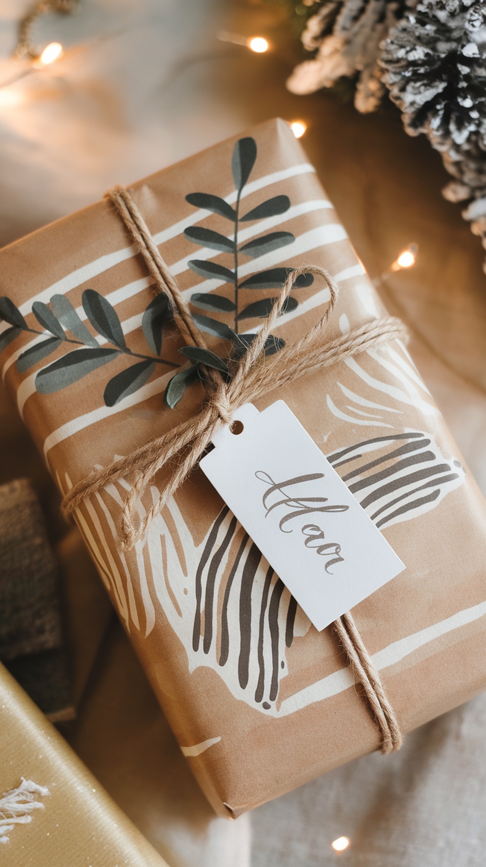 A beautifully wrapped gift with brown paper, twine, and greenery on a festive background.