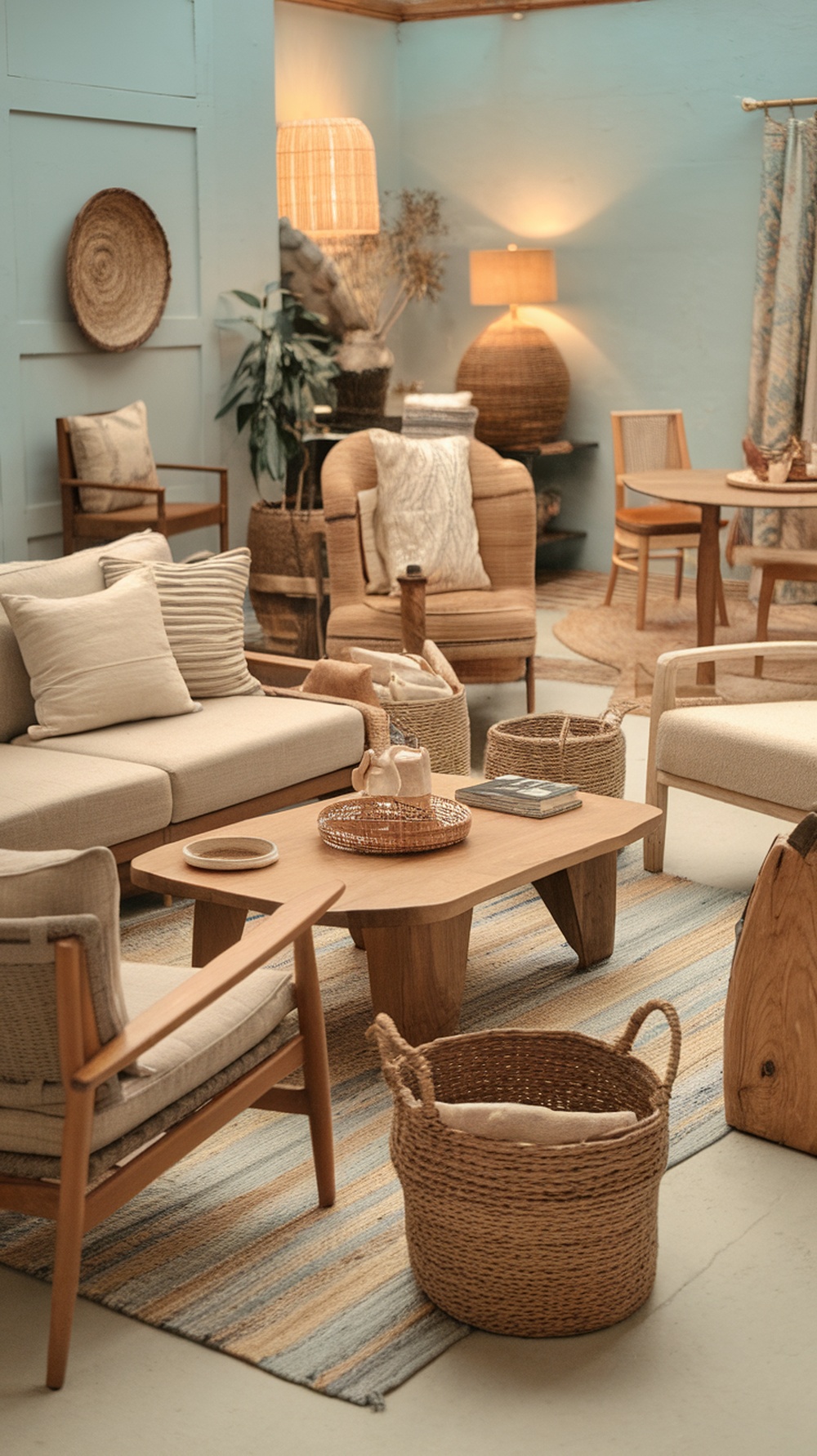 A cozy living room featuring natural materials like wood furniture, woven baskets, and soft textiles.