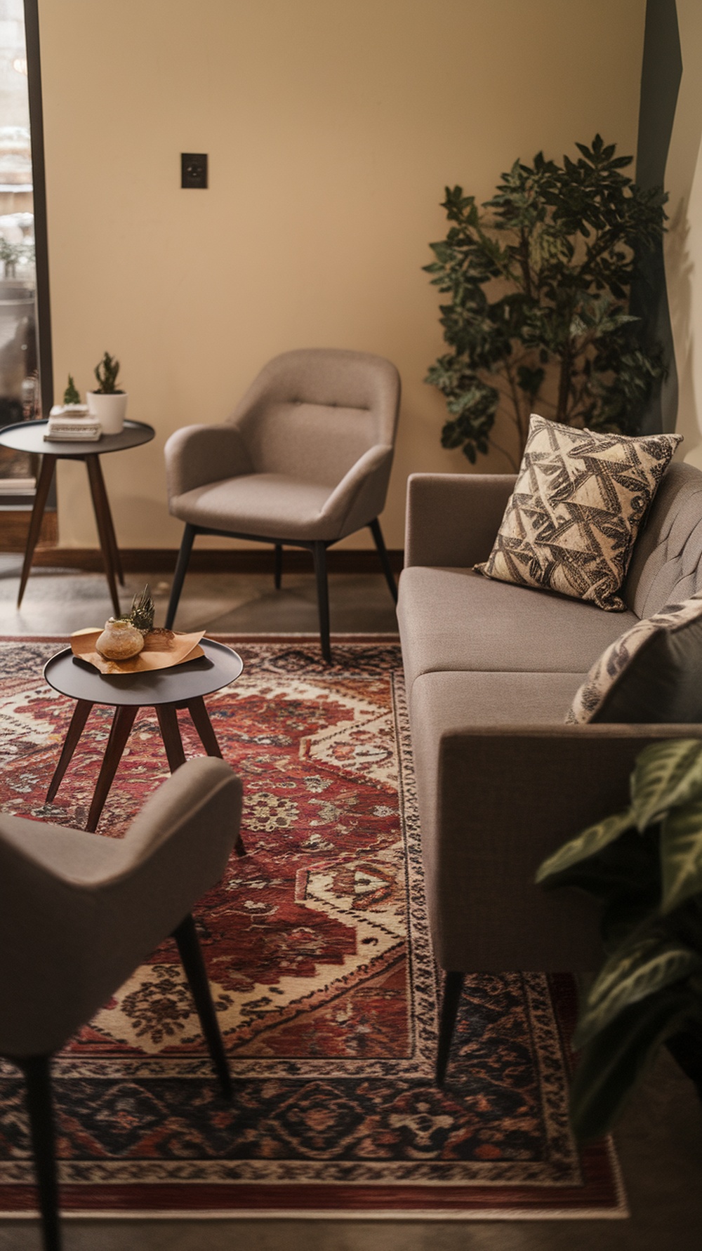 A cozy small living room featuring a patterned rug, a sofa, and two armchairs.