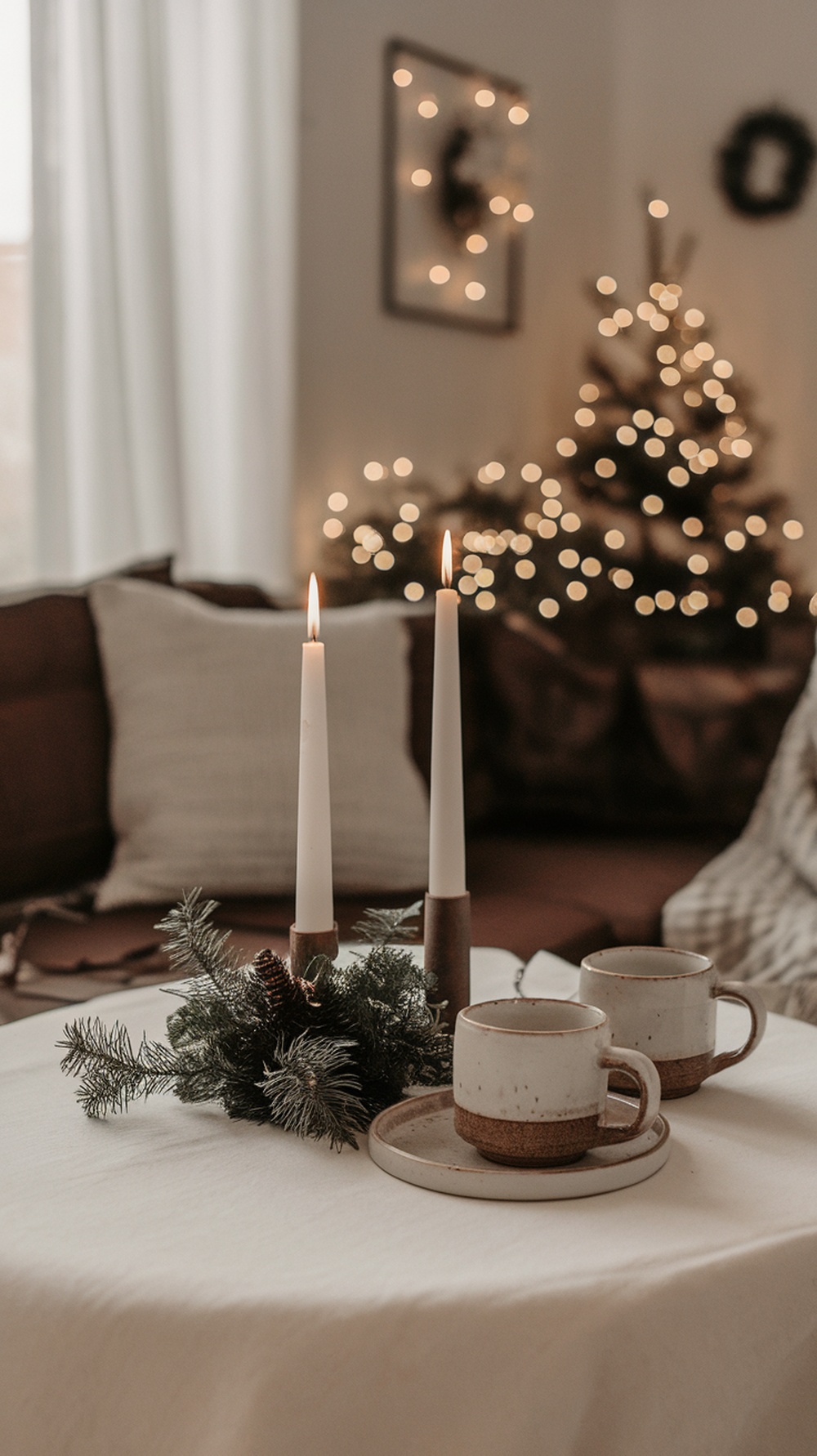 Minimalist Christmas coffee table decor with candles and rustic mugs