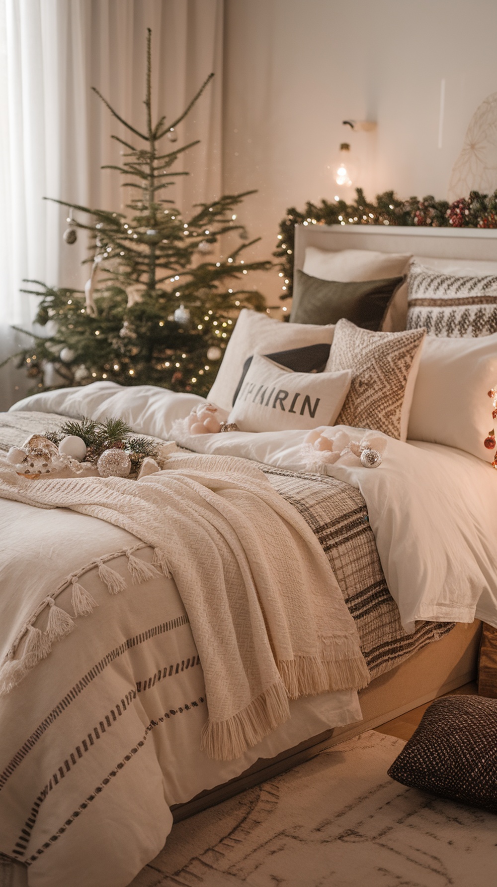 A cozy bed decorated with Christmas bedding, layered with blankets and pillows, and a festive touch of pine branches.