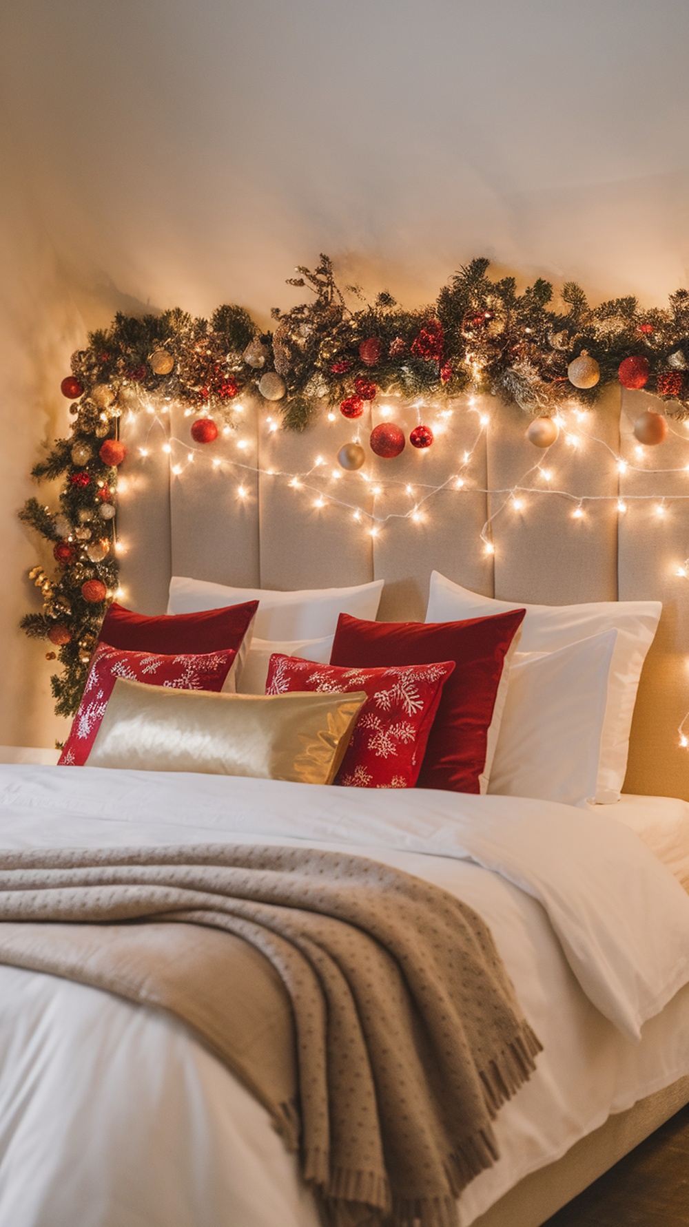 A beautifully decorated headboard with a garland, ornaments, and fairy lights, creating a festive atmosphere in a cozy bedroom.