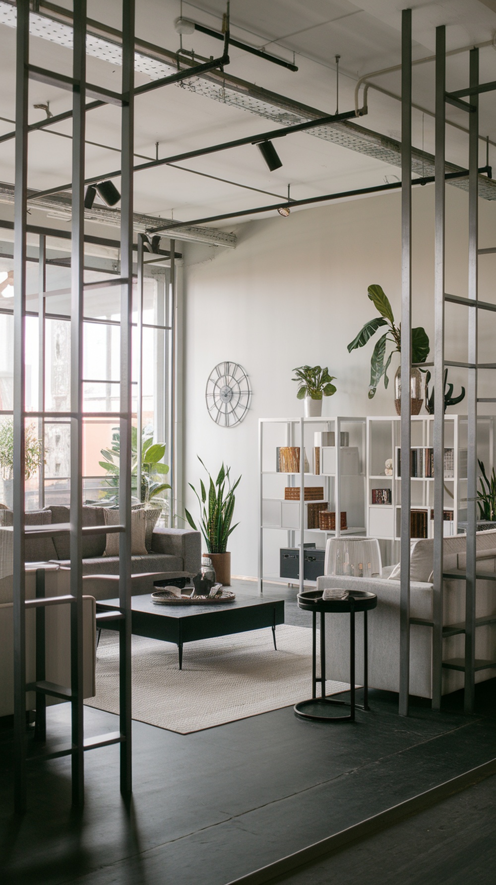 A modern living room featuring metal dividers that separate the space while allowing light to flow through.