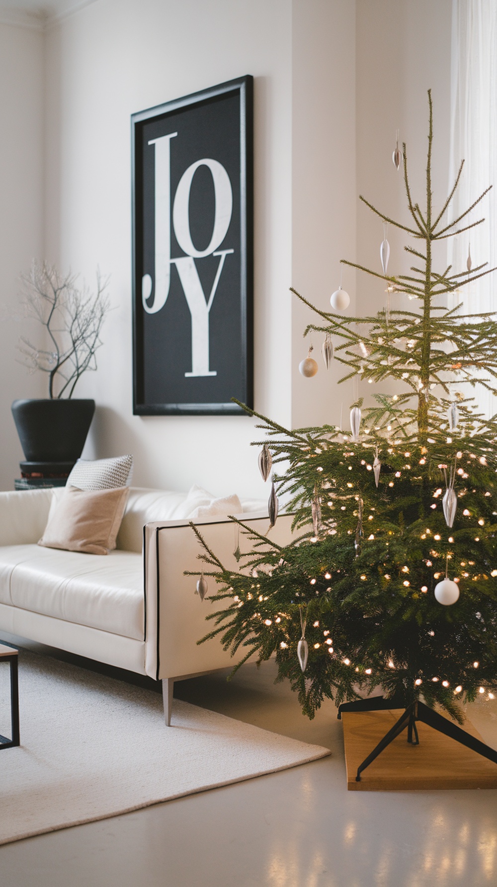 A modern living room with a Christmas tree, featuring minimalist decor and a cozy atmosphere.