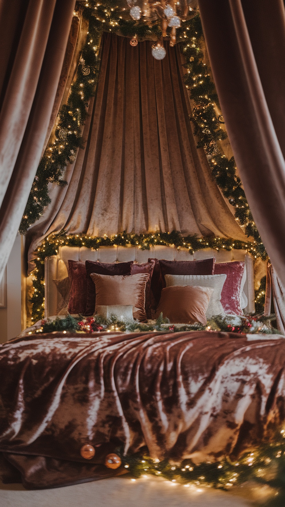 Luxurious Christmas bedroom with velvet bedding and festive decorations