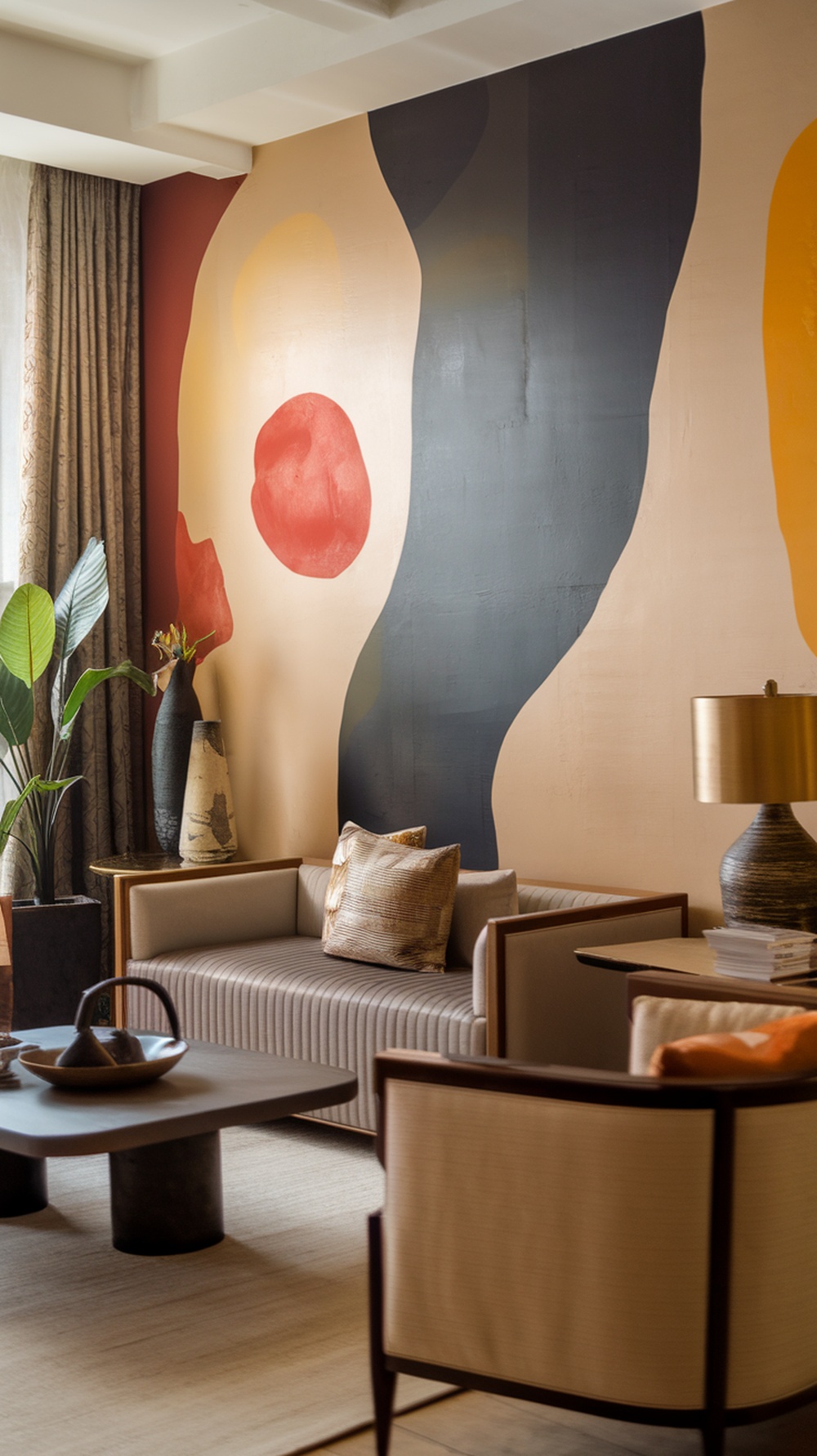 A living room featuring a unique accent wall with abstract shapes and colors.