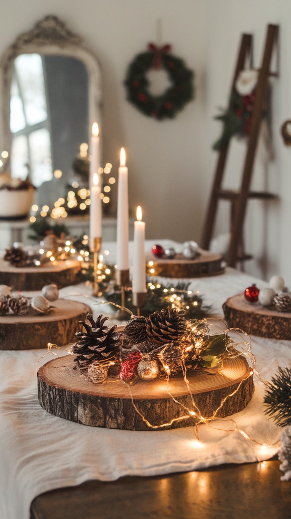 A cozy Christmas table setting featuring wooden slices, candles, and festive decorations.