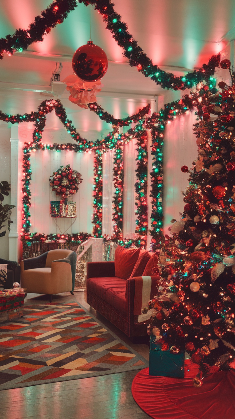 A cozy living room decorated with bright red and green Christmas lights, a beautifully adorned tree, and colorful festive decor.