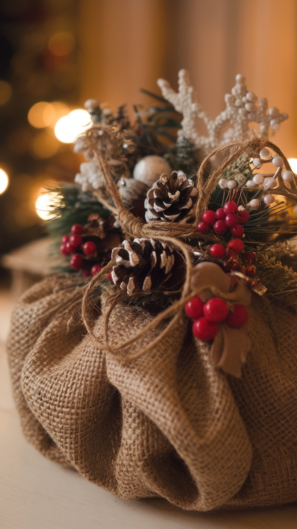 A burlap fabric arrangement decorated with pinecones, berries, and twine, showcasing a rustic Christmas decoration.