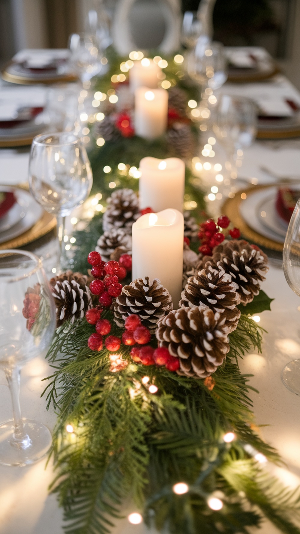 A holiday dining table centerpiece featuring white candles, pinecones, red berries, and greenery, illuminated with fairy lights.