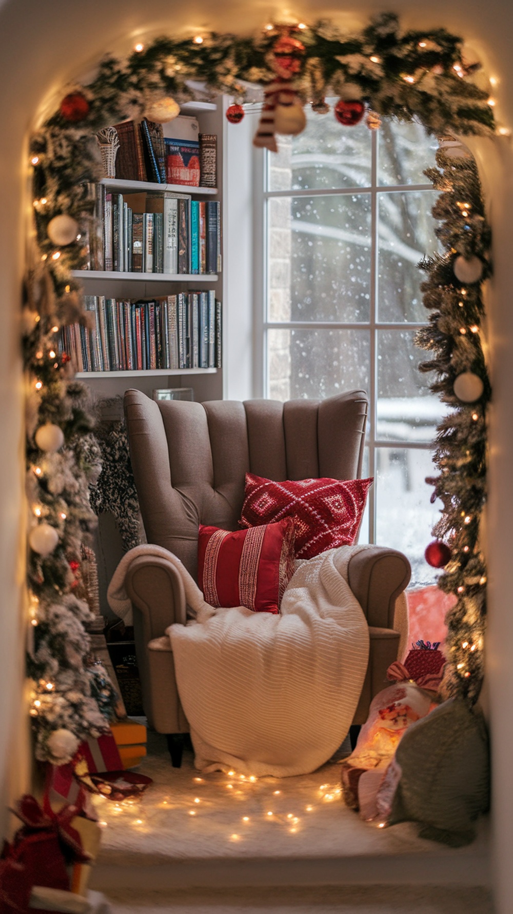A cozy reading nook decorated for Christmas with a plush chair, festive garlands, and fairy lights.