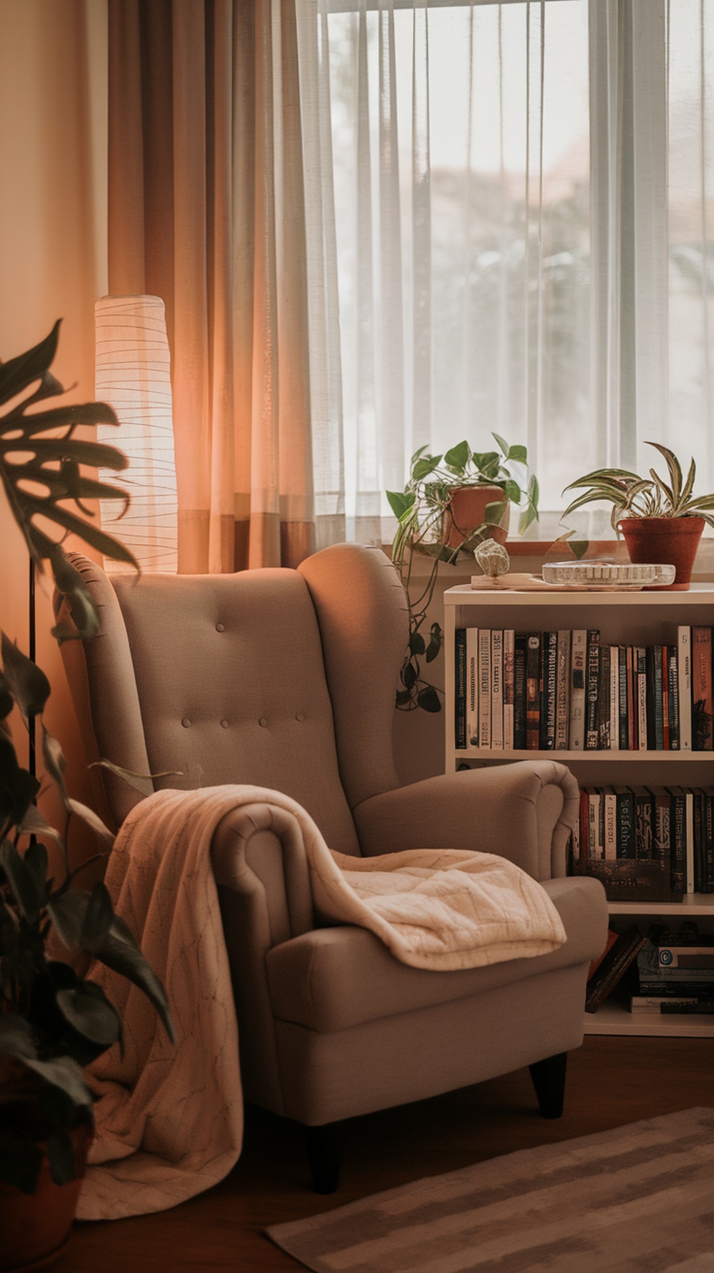 Cozy reading nook with an armchair, blanket, and plants