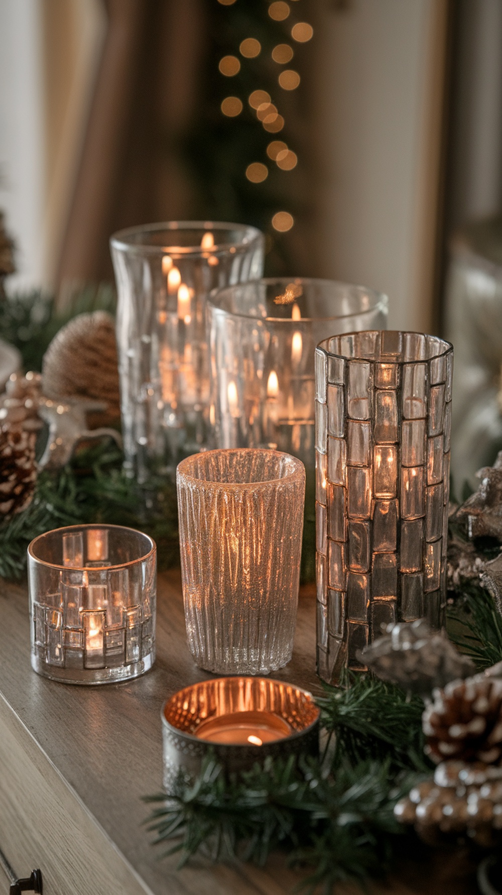 A collection of elegant glass candle holders with flickering candles, arranged on a wooden surface with festive decorations.
