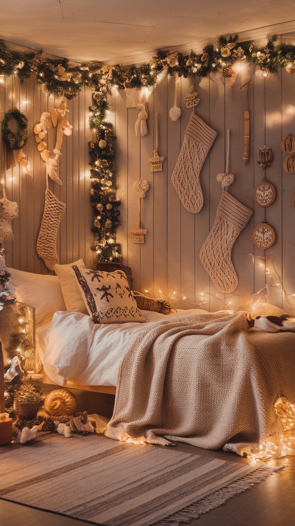 Cozy Christmas bedroom with handmade decor and warm lighting