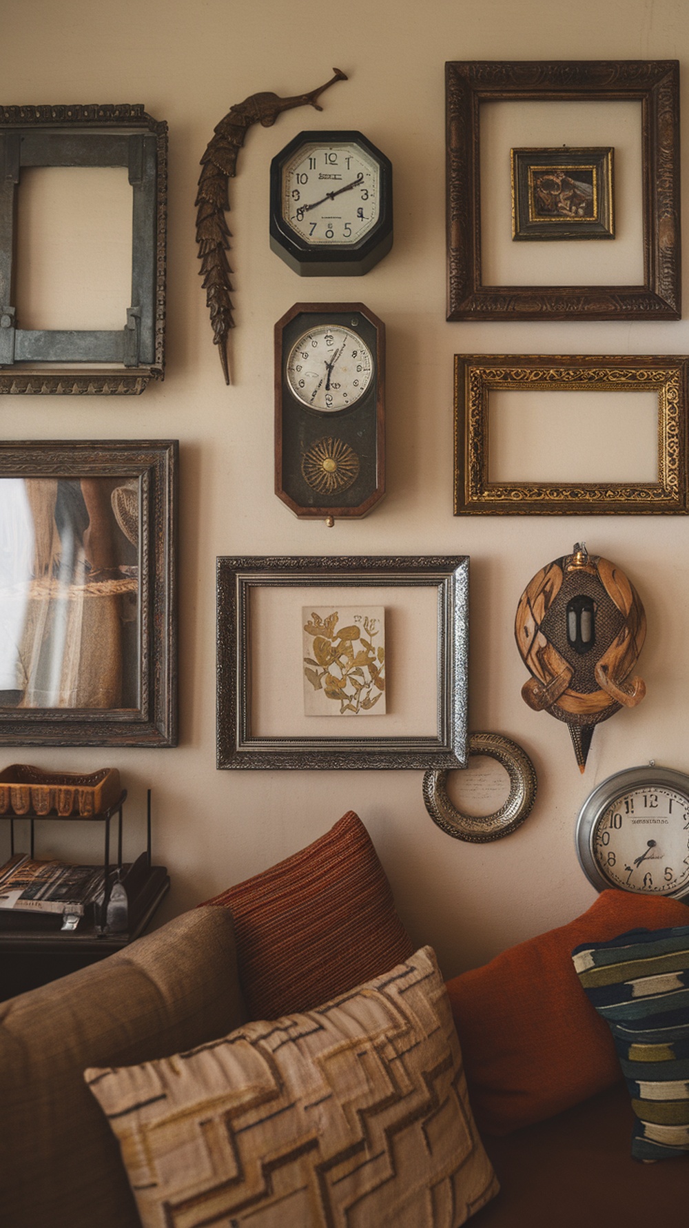 A wall decorated with vintage clocks and ornate picture frames, creating a cozy and inviting atmosphere.