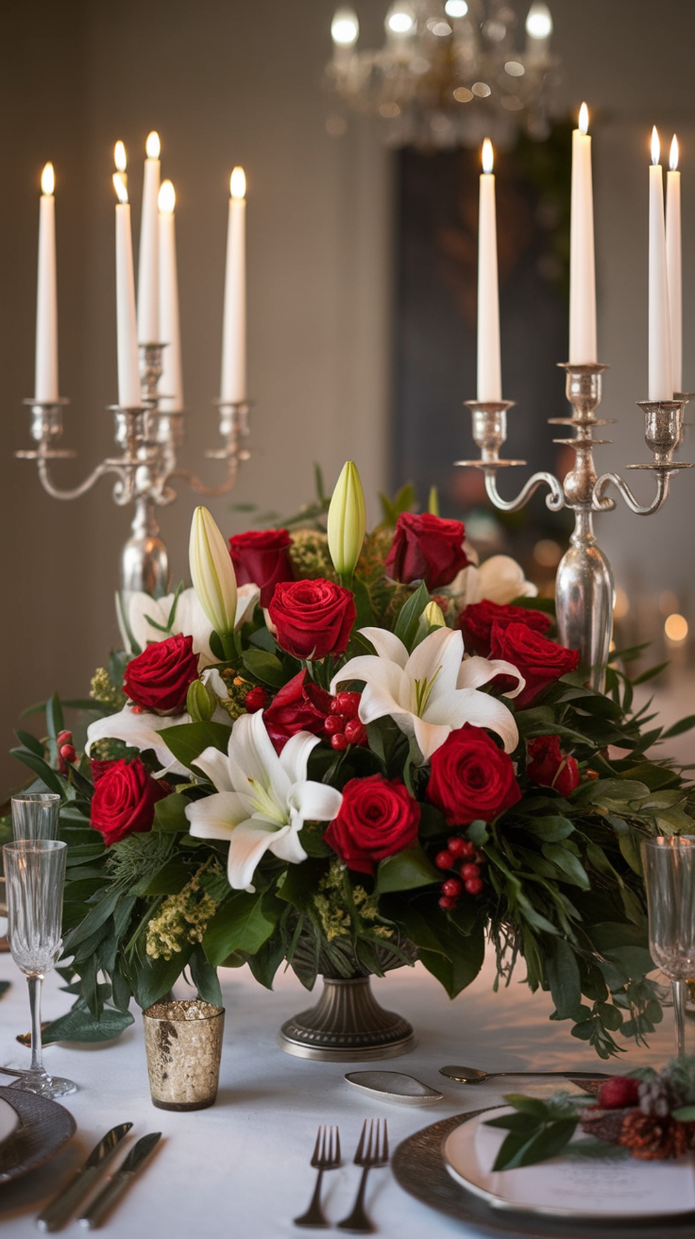 A lavish floral arrangement featuring red roses and white lilies, complemented by greenery and candles, set on an elegant dining table.