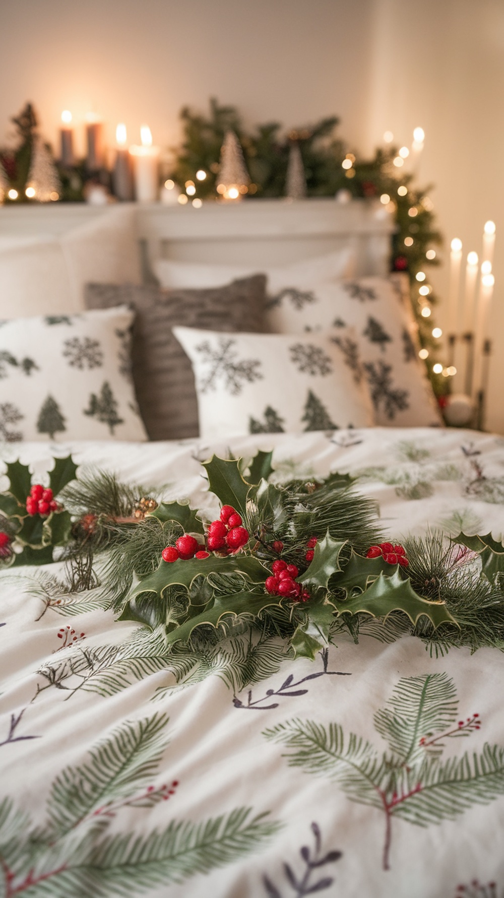 Cozy bed with nature-inspired Christmas bedding featuring pine branches and holly leaves, complemented by decorative pillows and soft lighting.