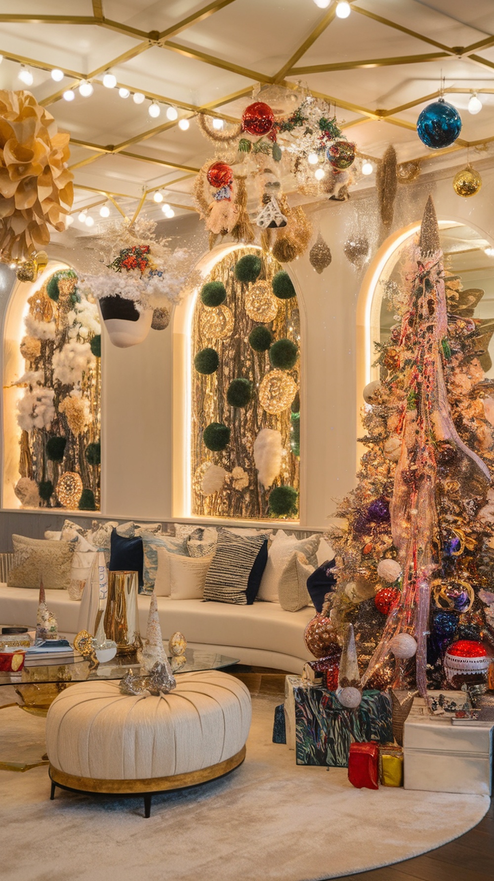 A beautifully decorated living room for Christmas with a colorful tree and unique ornaments.