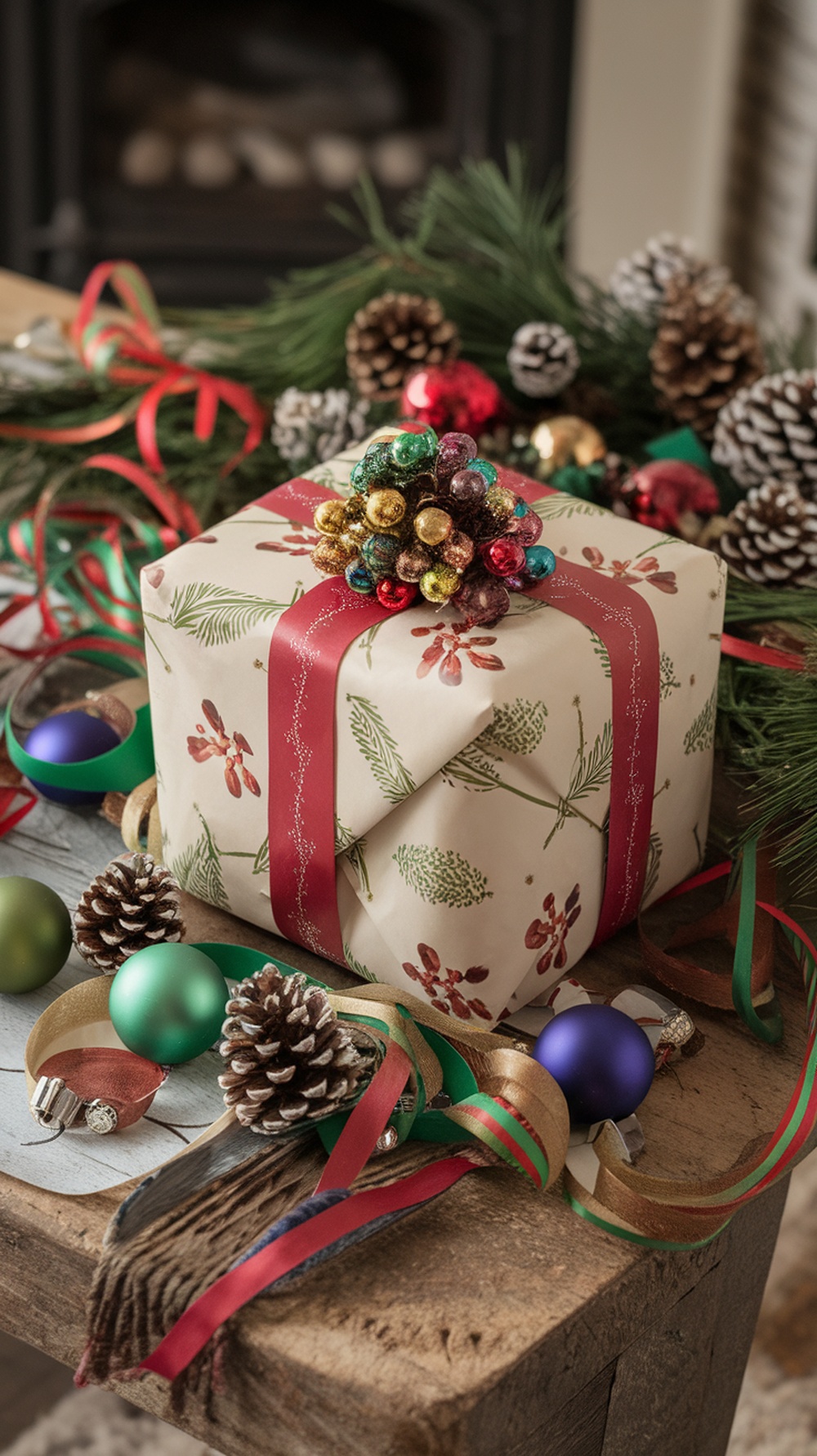 A beautifully wrapped Christmas gift with festive paper, red ribbon, and colorful ornaments on top, surrounded by pinecones and decorations.