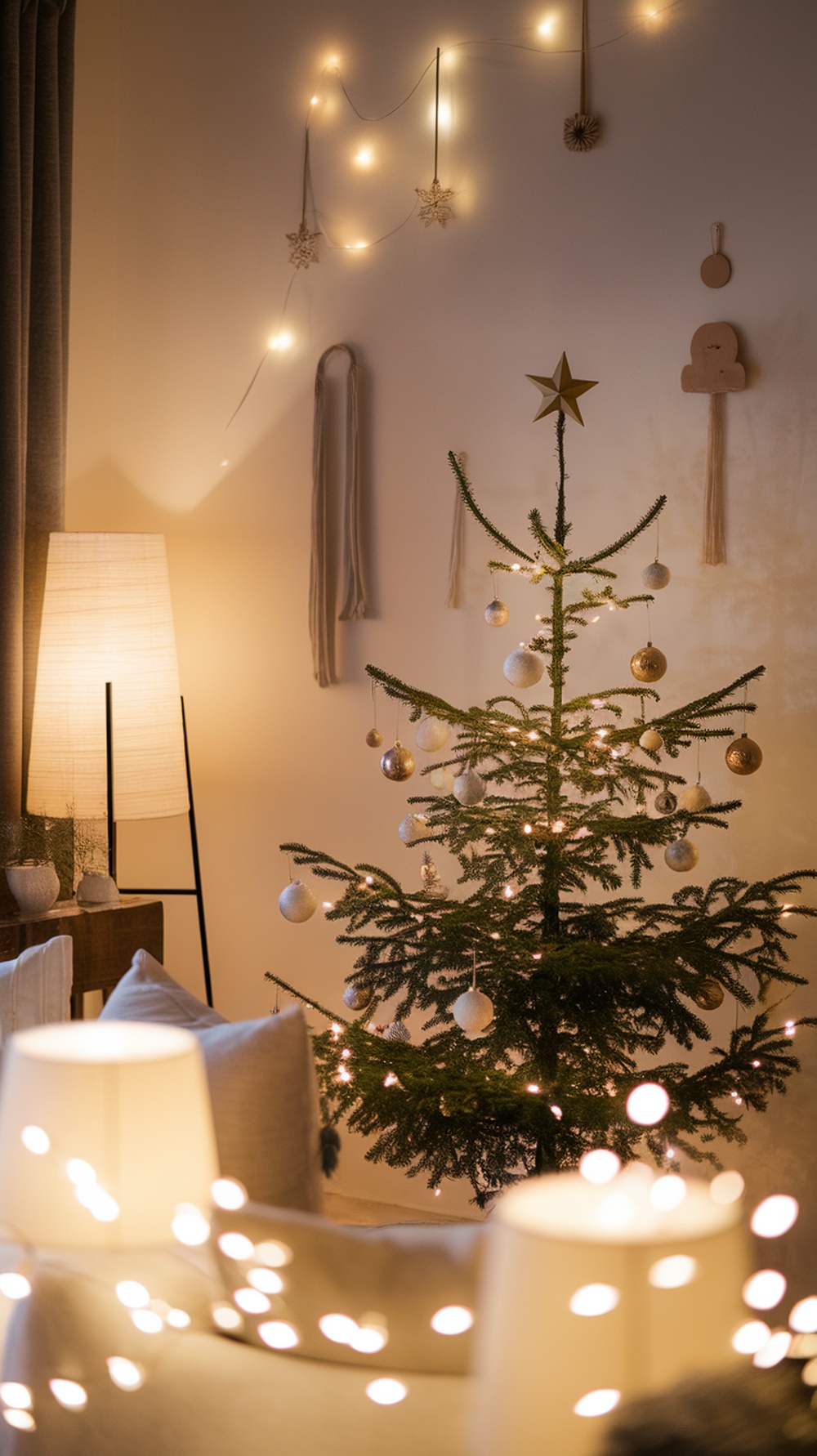 A cozy living room decorated for Christmas with a tree adorned with lights and ornaments, and soft lighting creating a warm atmosphere.