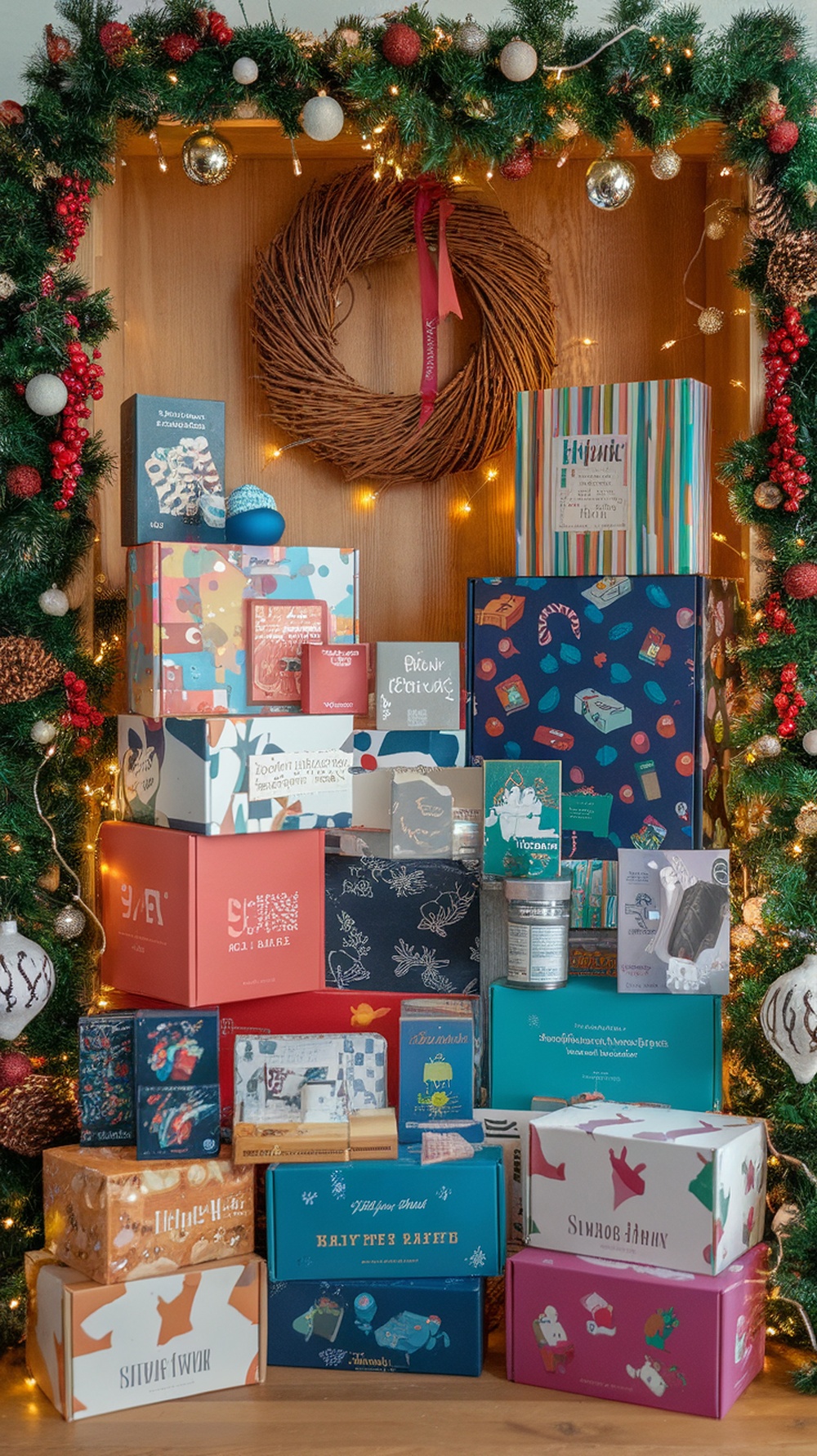 A collection of colorful subscription boxes arranged beautifully for Christmas.