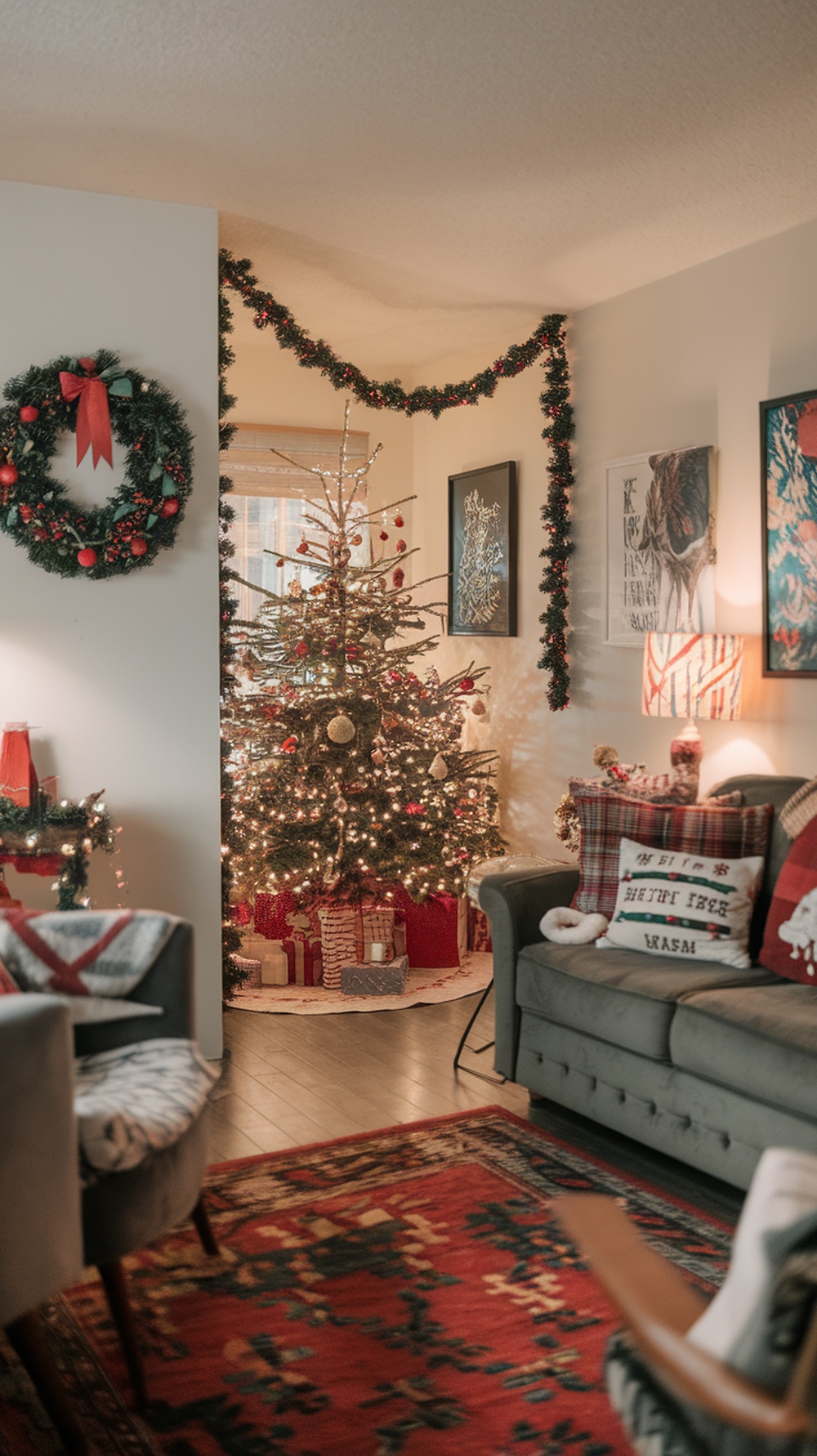Cozy living room decorated for Christmas with a tree, wreath, and festive artwork on the walls.