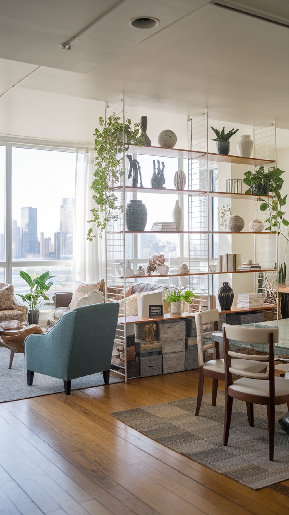 A stylish open shelving unit acting as a living room divider, filled with plants and decorative items.