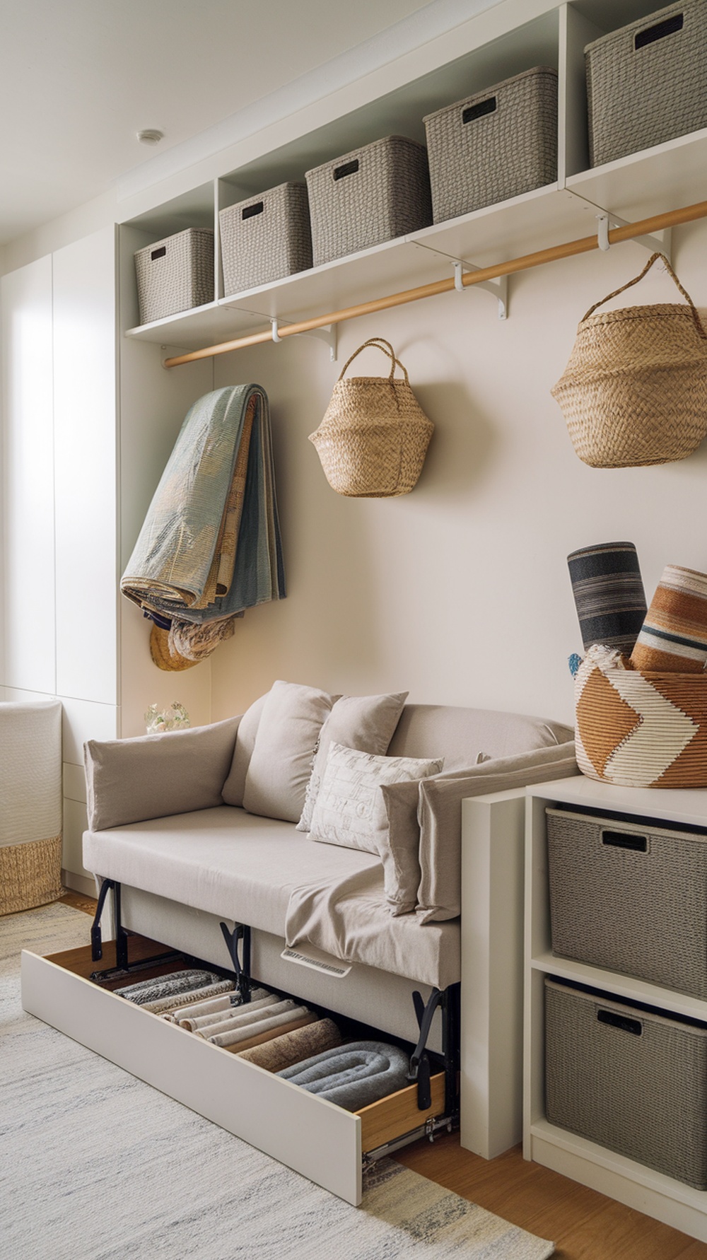 A small living room with a sofa that has hidden storage underneath, stylish baskets on shelves, and neatly organized throws.