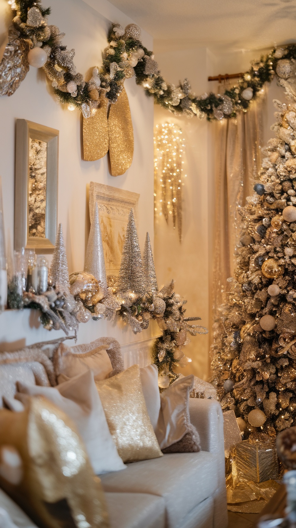 A cozy living room decorated with metallic accents for Christmas, featuring a tree, garlands, and pillows.