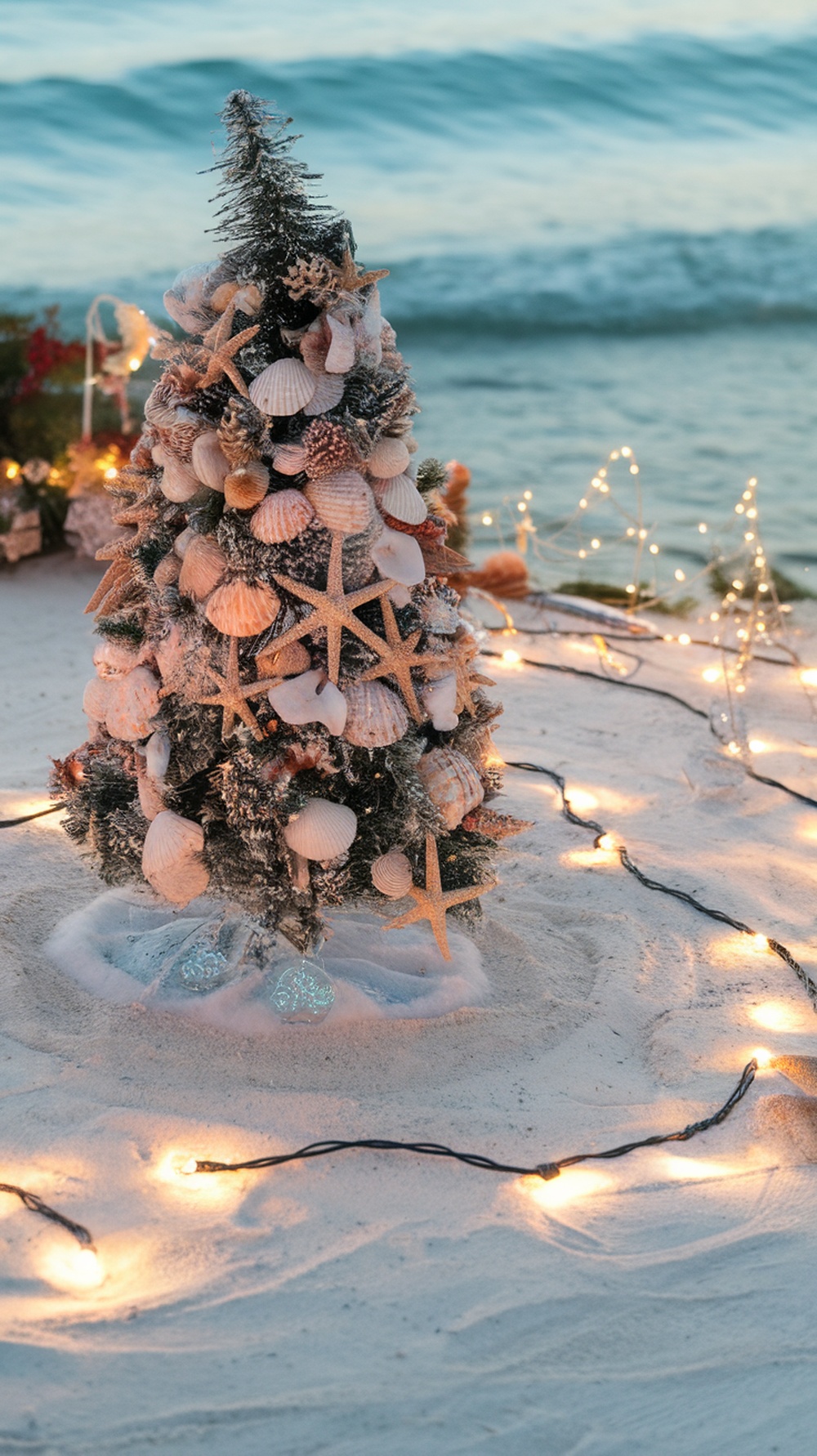 A small Christmas tree decorated with seashells and starfish on a sandy beach, with ocean waves in the background and twinkling lights.