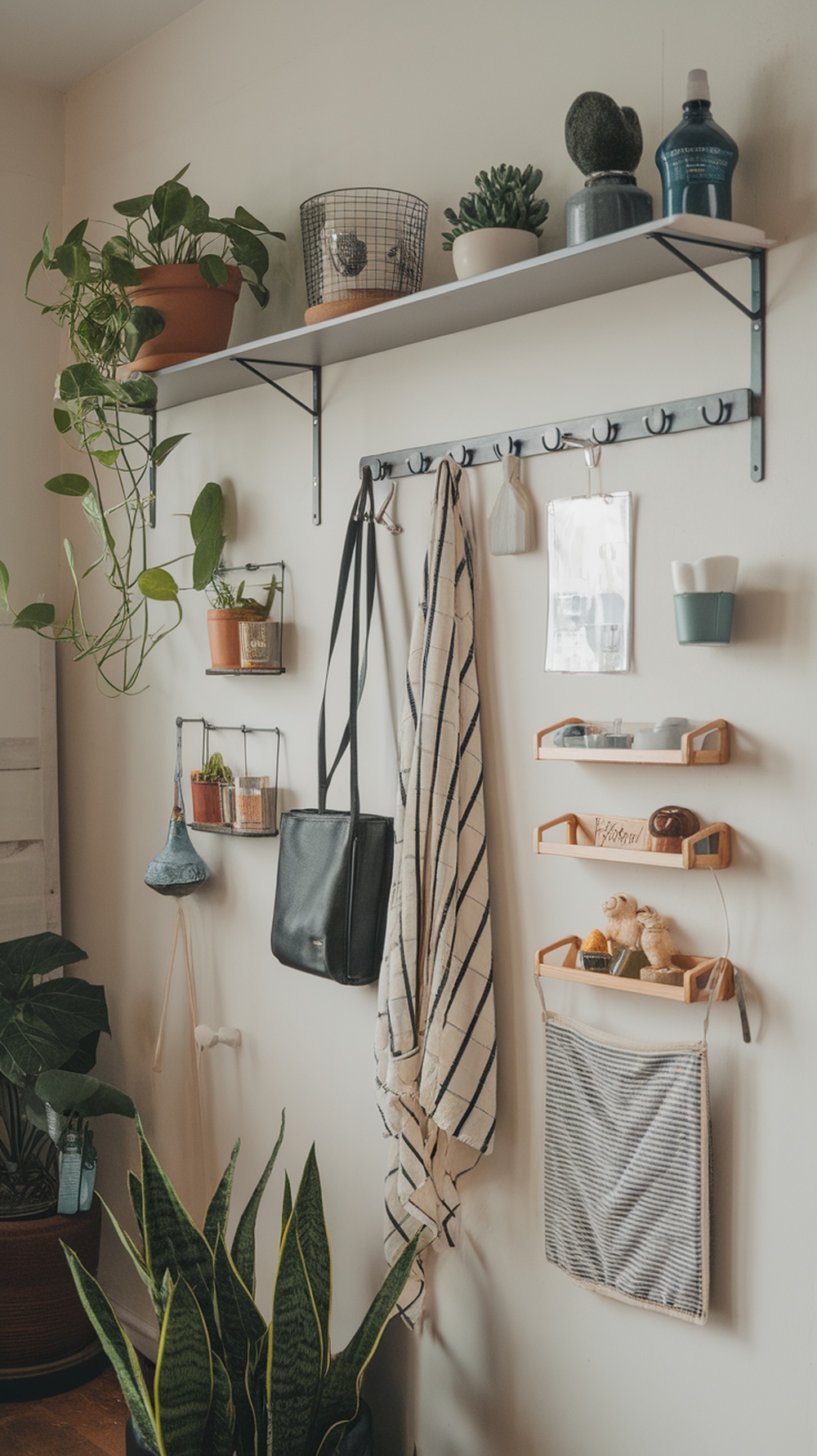 A functional wall with hooks and racks showcasing plants, bags, and decorative items.