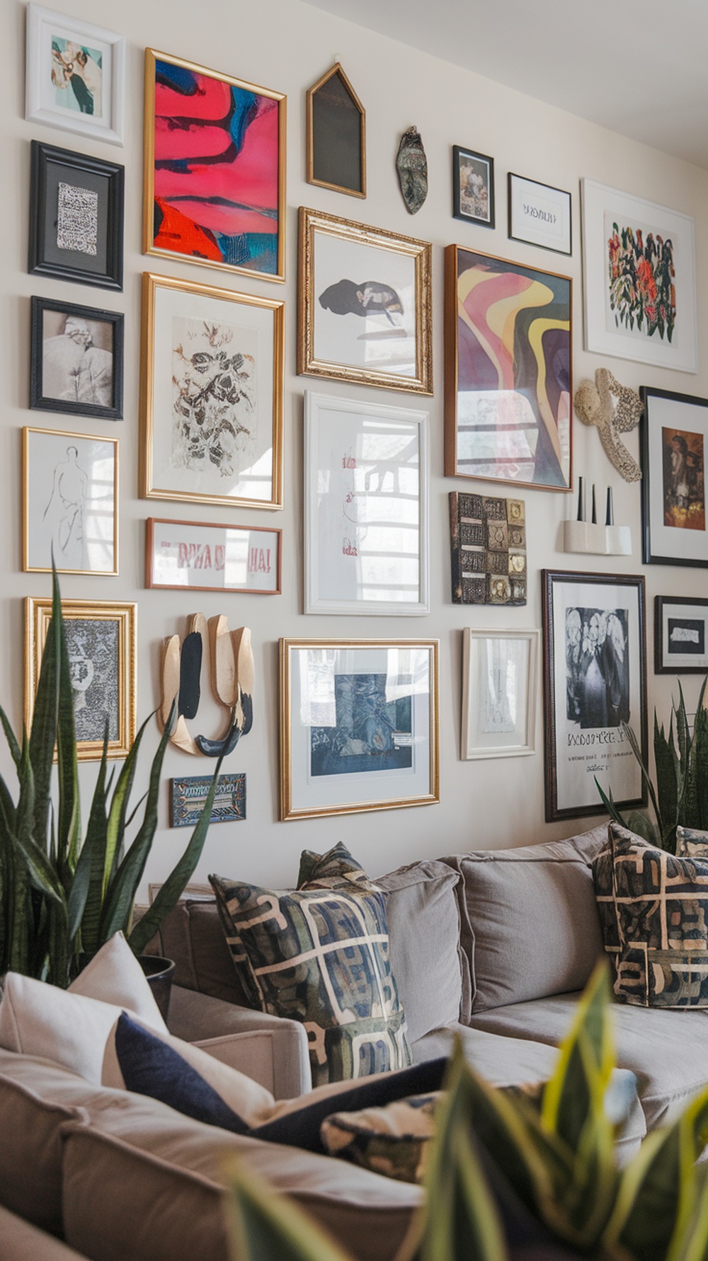A stylish gallery wall featuring a variety of framed art and photographs above a cozy couch.
