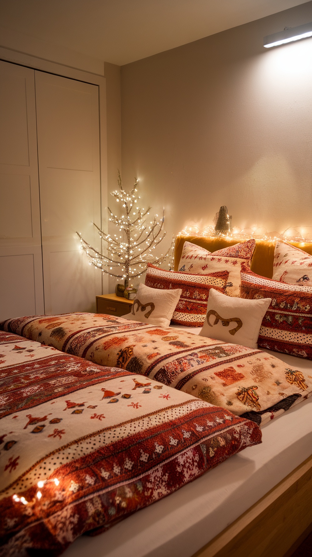 Cozy bedroom with festive Christmas bedding and a small illuminated tree