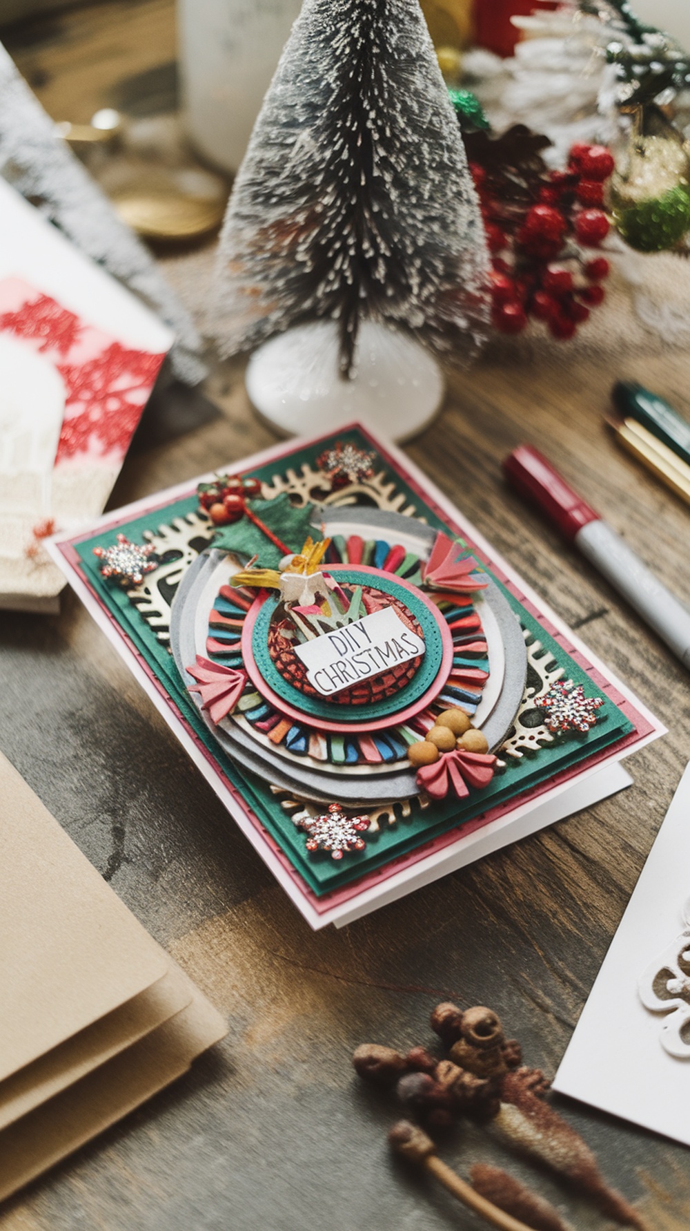 A beautifully crafted DIY Christmas card with festive decorations and a layered design.