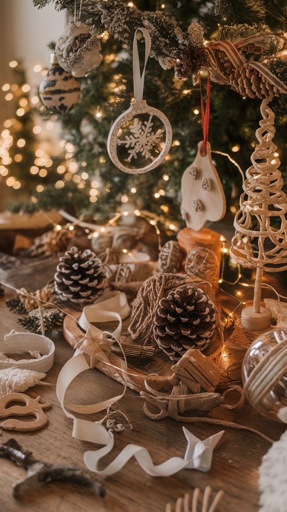 A collection of handcrafted Christmas tree decorations including pinecones, ribbons, and wooden ornaments.