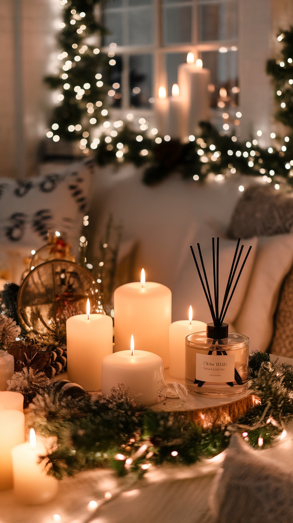 A cozy living room decorated for Christmas with candles and a diffuser, creating a warm and inviting atmosphere.
