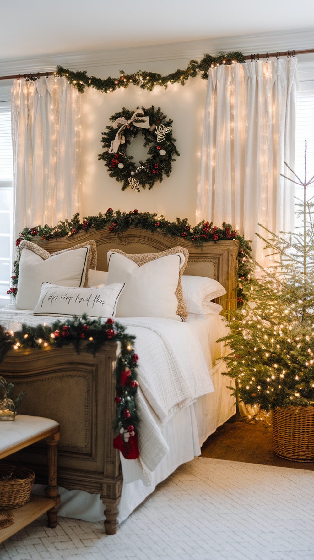 A cozy bedroom decorated for Christmas with vintage touches, featuring a wooden bed frame, garland, wreath, and twinkling lights.