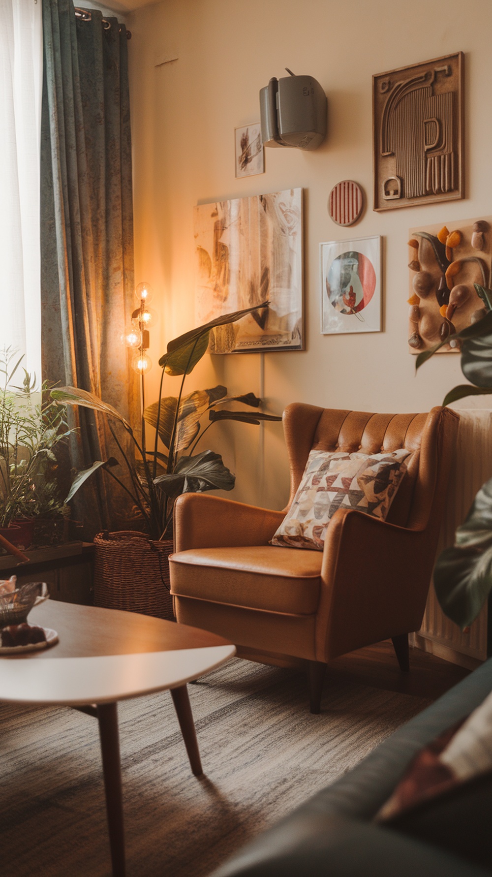 A cozy small living room featuring a vintage armchair, modern coffee table, and decorative plants.