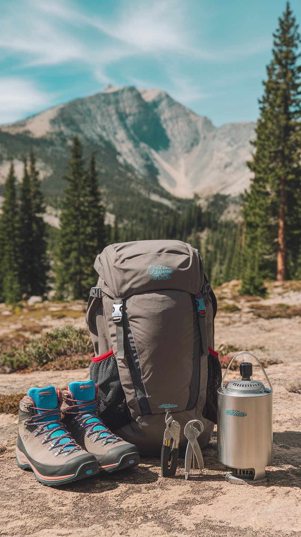 Outdoor gear including a backpack, hiking boots, and tools set against a mountain backdrop.