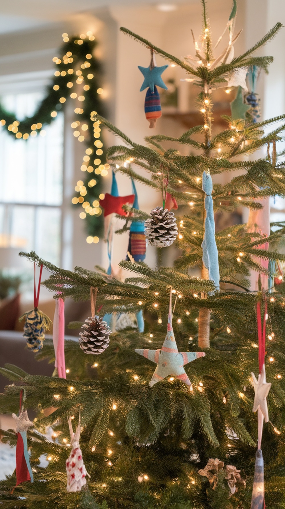 A beautifully decorated Christmas tree with unique DIY ornaments including fabric stars and pinecones.