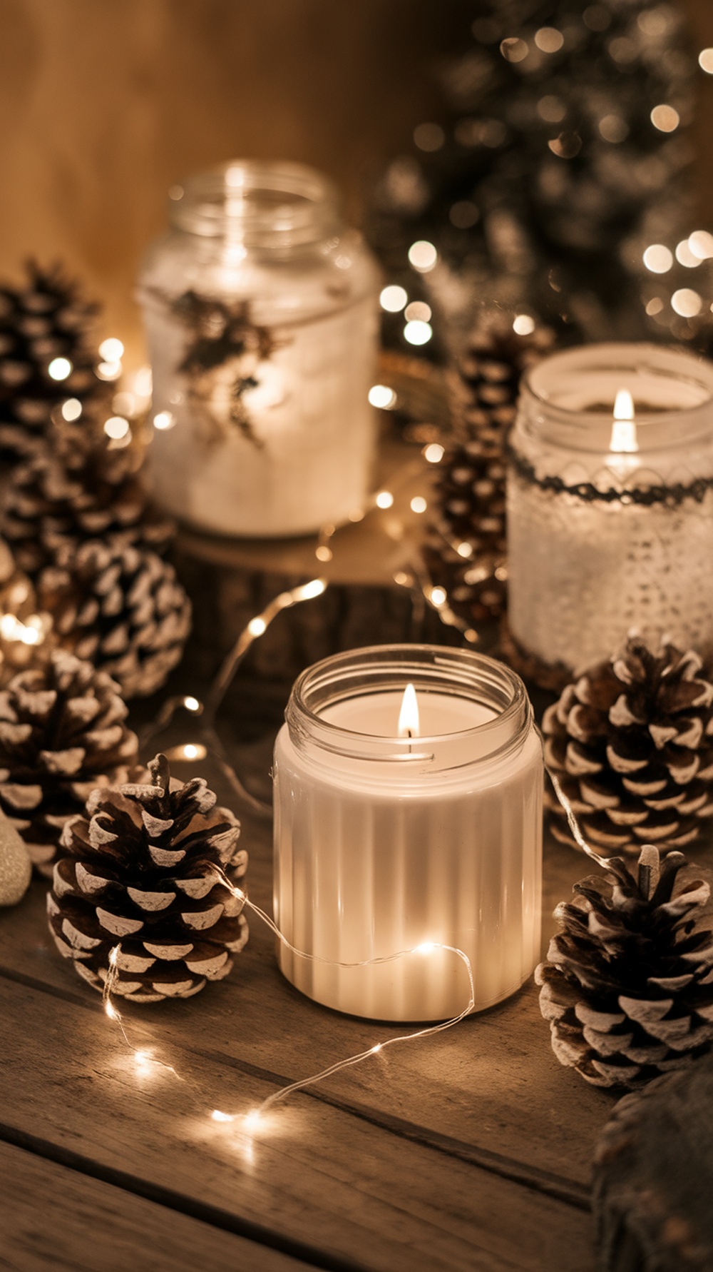 A cozy arrangement of scented candles surrounded by pinecones and fairy lights, creating a festive atmosphere.