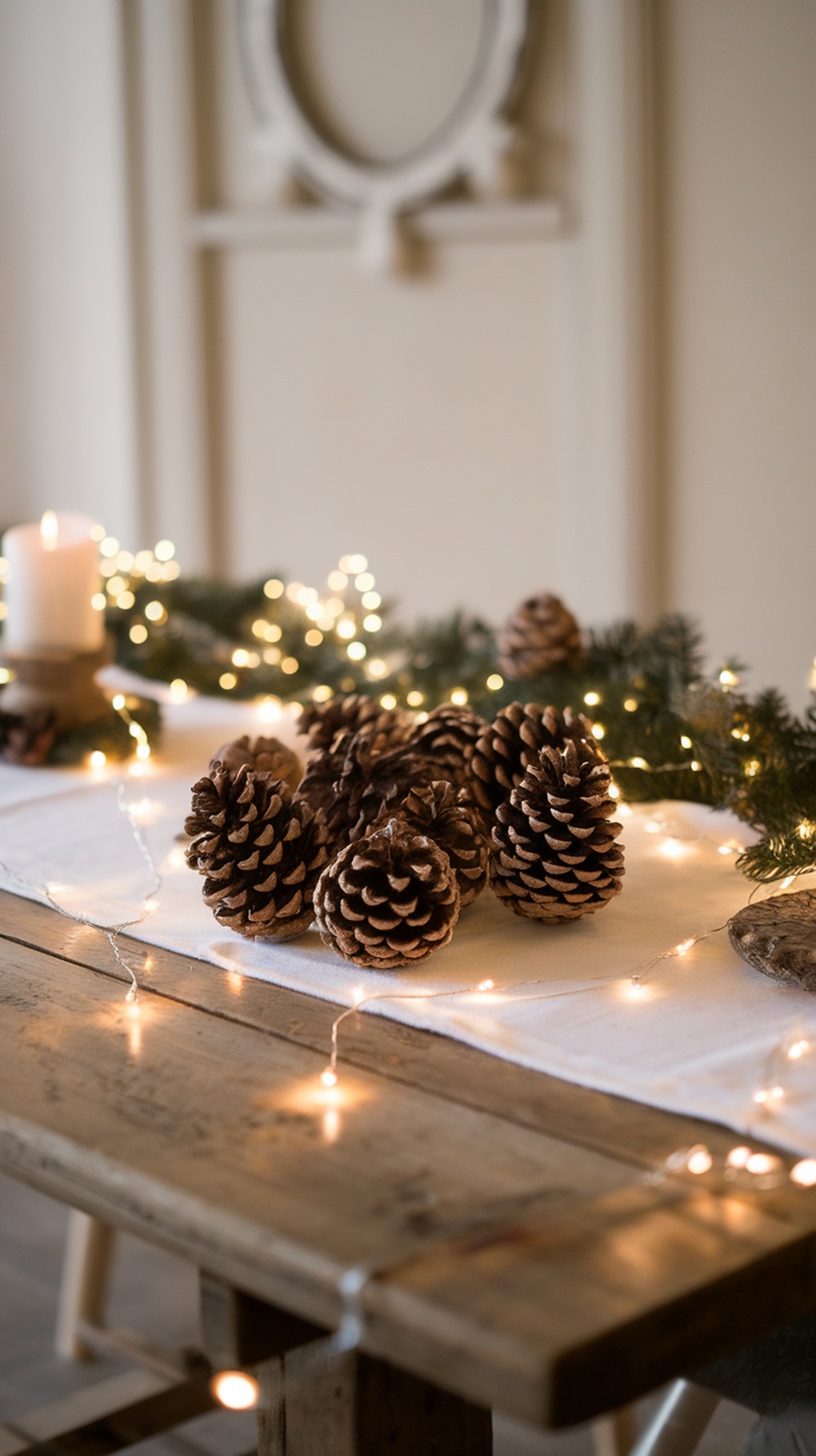 A cozy arrangement of pinecones on a rustic table with fairy lights and greenery.