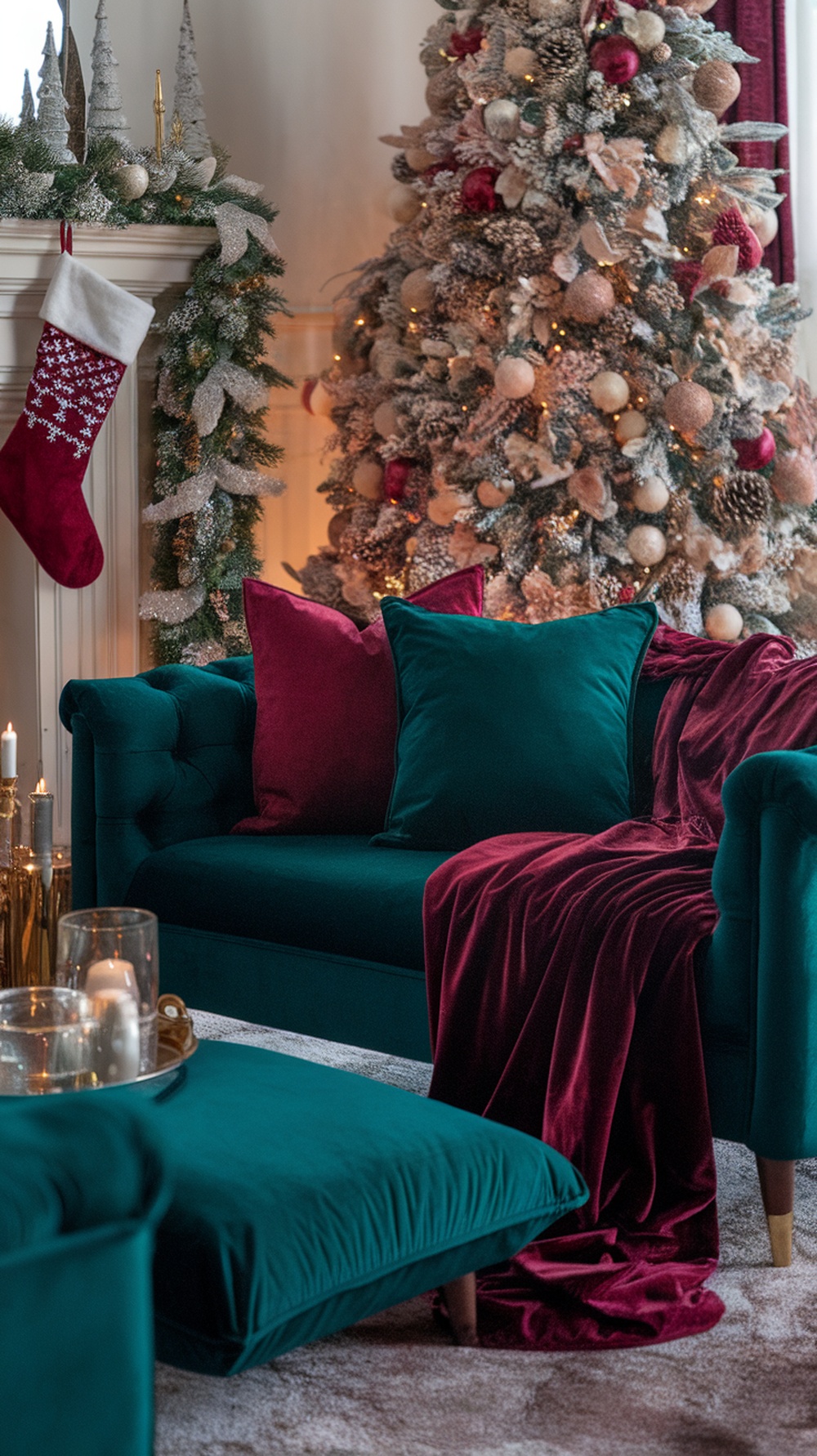 A cozy living room decorated for Christmas with velvet accents and a beautifully adorned tree.