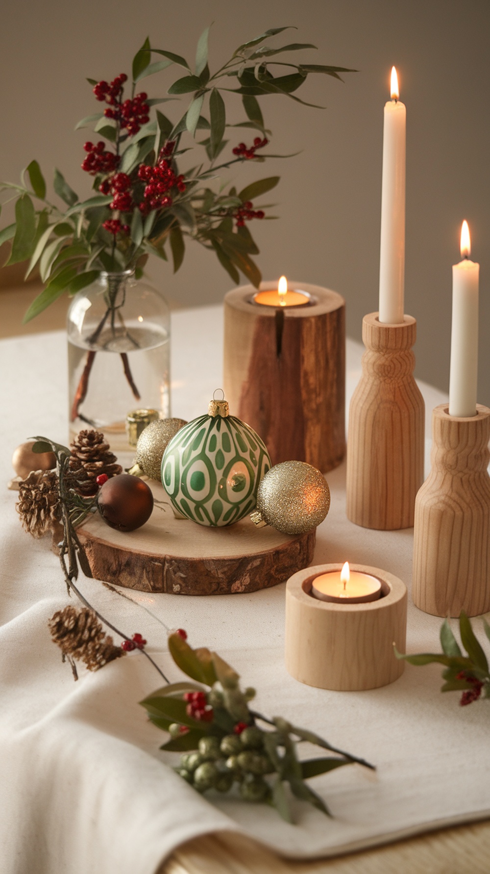 A cozy Christmas coffee table decor featuring candles, ornaments, and greenery.